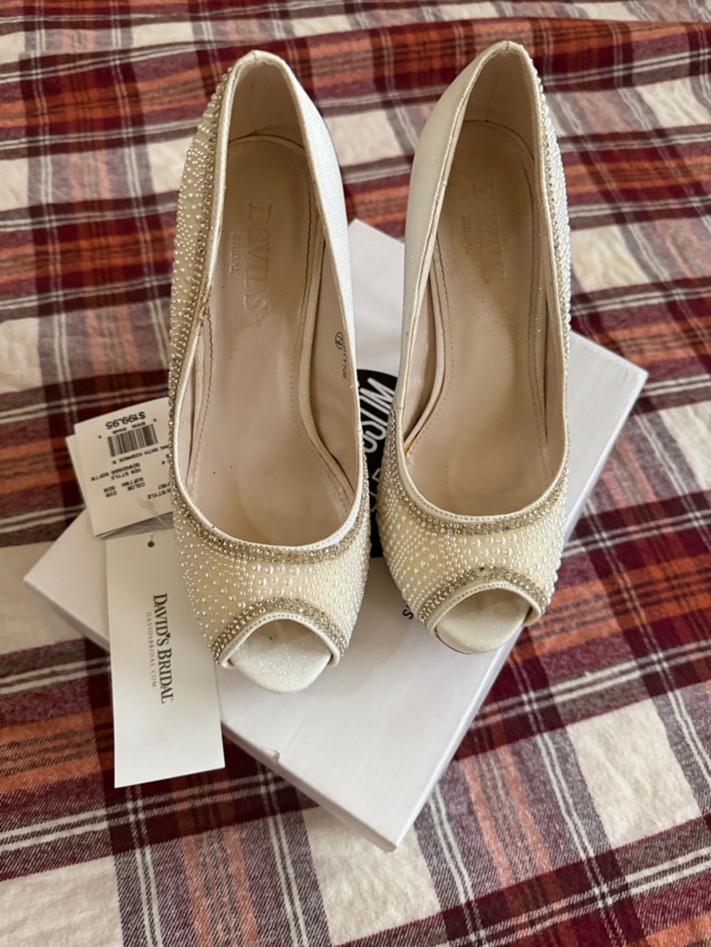 David's Bridal Ivory Beaded Peep-Toe Pumps